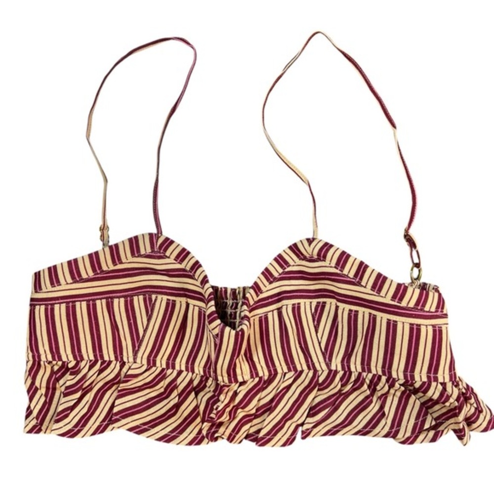 Agua Bendita Mae Merzin Red Crop Top Size M Striped Ruffle‎ Hem Linen Blend New